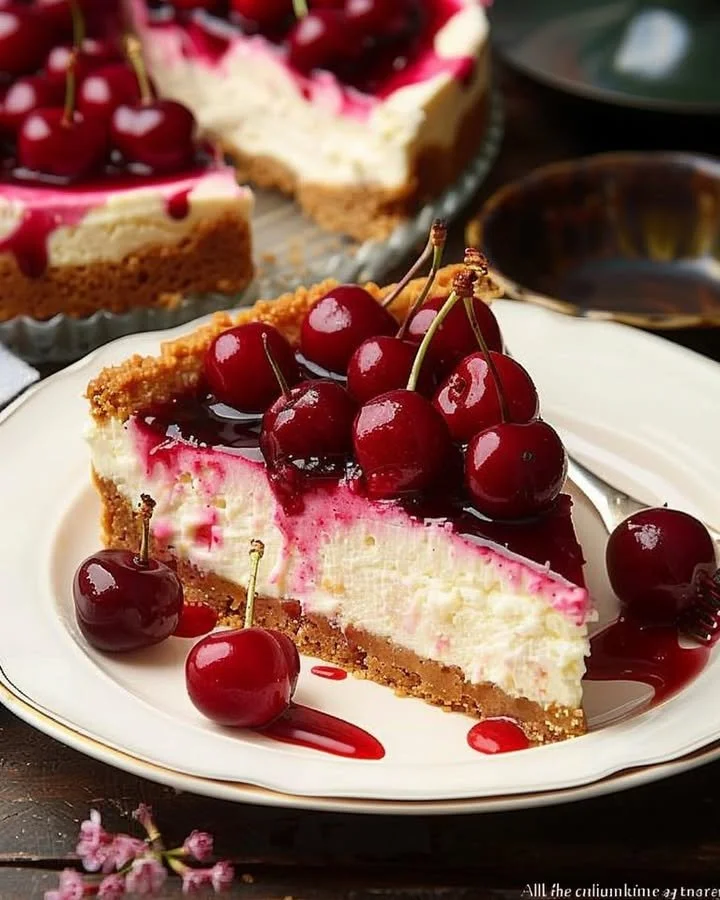 Delicious Philadelphia cherry cheesecake topped with fresh cherries.