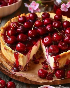 Delicious Philadelphia Cherry Cheesecake topped with fresh cherries.