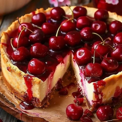 Delicious Philadelphia Cherry Cheesecake topped with fresh cherries.