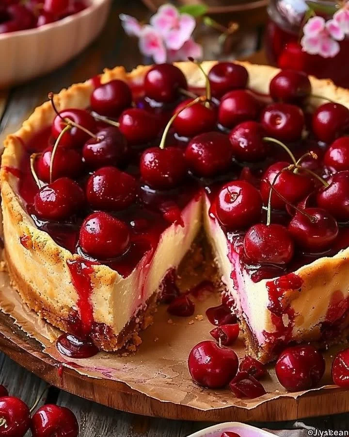 Delicious Philadelphia Cherry Cheesecake topped with fresh cherries.