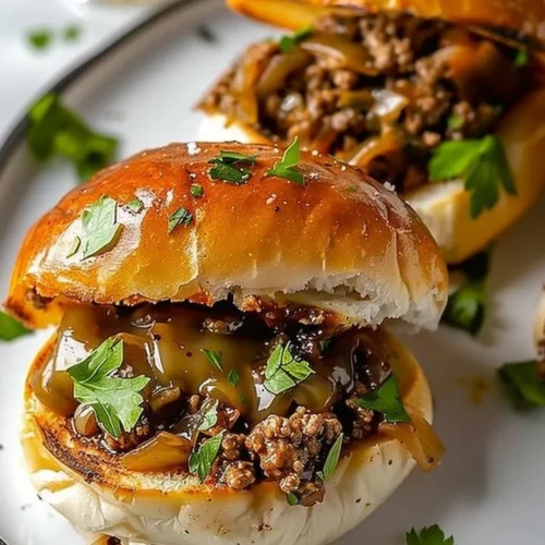 Philly Cheesesteak Sloppy Joes topped with melted cheese and peppers