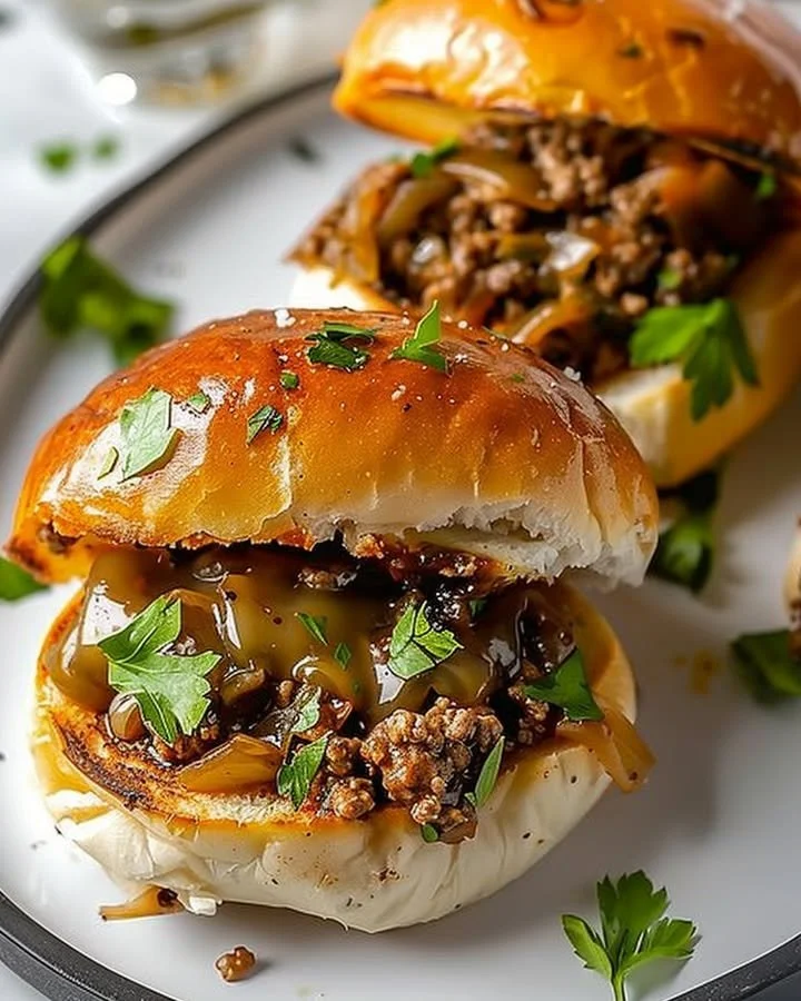 Philly Cheesesteak Sloppy Joes topped with melted cheese and peppers