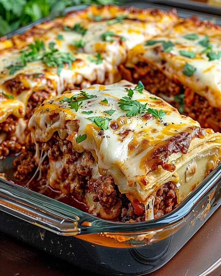 Delicious Crescent Roll Taco Bake topped with cheese and spices