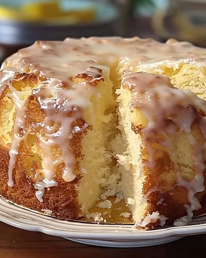 Deliciously moist Pina Colada Pound Cake topped with coconut and pineapple.