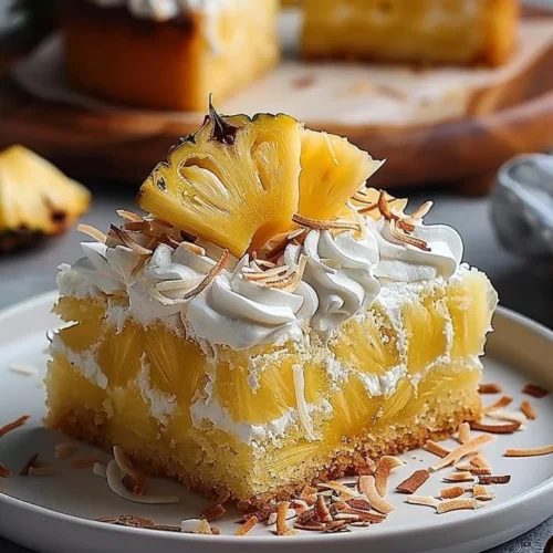 A delicious slice of Pineapple Coconut Cake adorned with coconut flakes and pineapple.