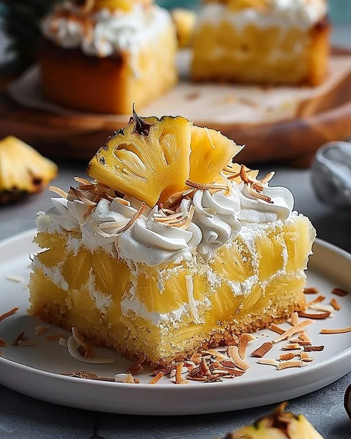 A delicious slice of Pineapple Coconut Cake adorned with coconut flakes and pineapple.