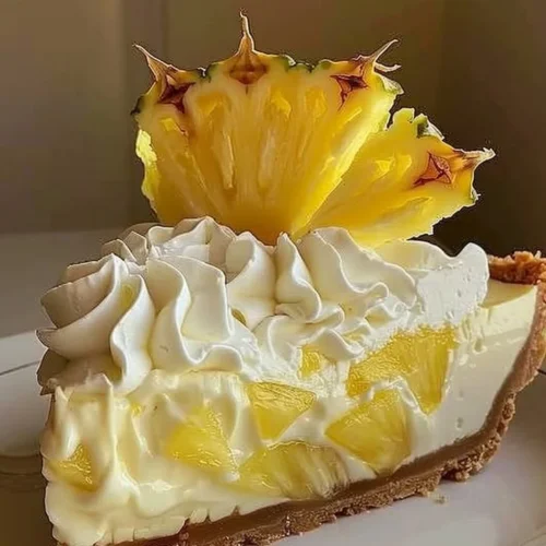 Delicious Pineapple Cream Cheese Pie served on a plate with a fork.