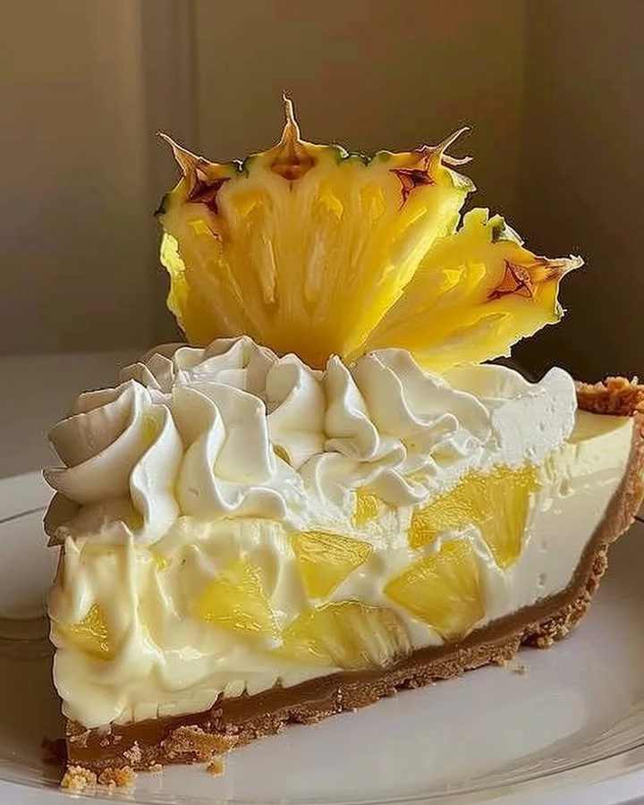 Delicious Pineapple Cream Cheese Pie served on a plate with a fork.