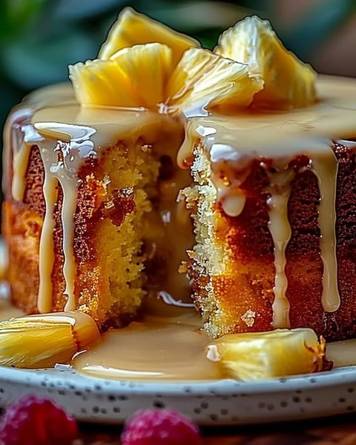 Slice of Pineapple Heaven Cake topped with cream and pineapple slices