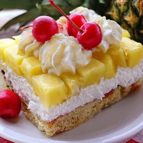 Delicious Pineapple Heaven Cake topped with fresh pineapple slices