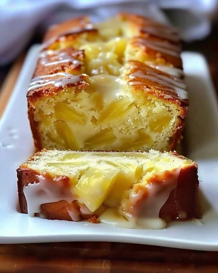 Slice of homemade pineapple quick bread on a wooden board