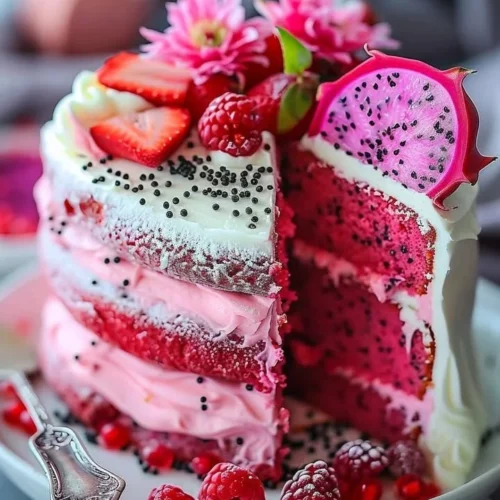 A beautifully layered Pink Dragon Fruit Cake featuring vibrant colors and fresh ingredients.