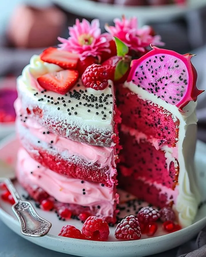 A beautifully layered Pink Dragon Fruit Cake featuring vibrant colors and fresh ingredients.