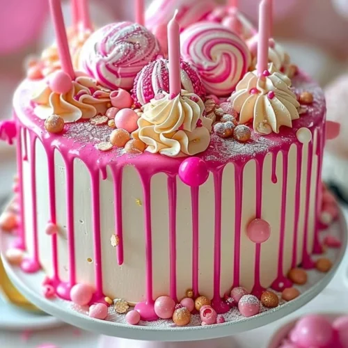 A stunning Pink Drip Cake with vibrant pink frosting and decorative drips on top.