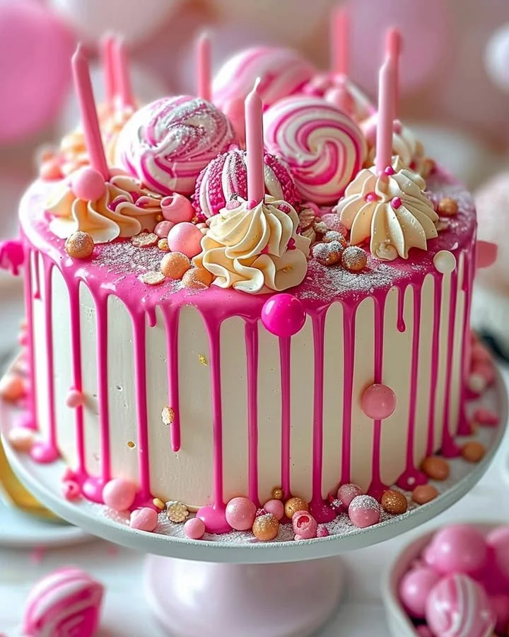 A stunning Pink Drip Cake with vibrant pink frosting and decorative drips on top.