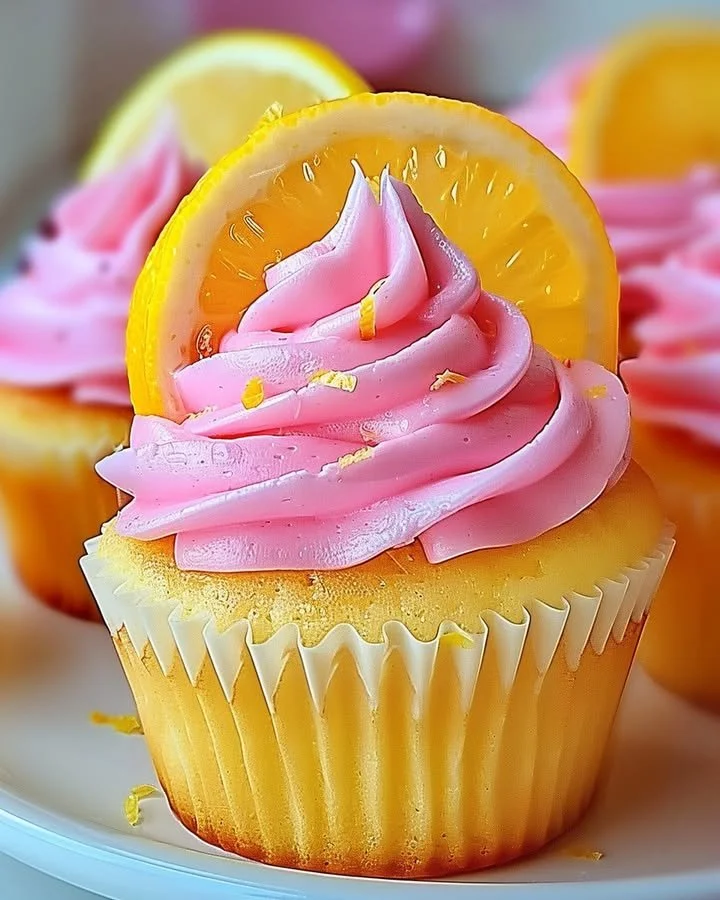 Pink lemonade cupcakes topped with vibrant frosting and garnished with lemon slices.