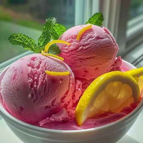 A bowl of pink lemonade sorbet garnished with fresh lemon slices and mint leaves.