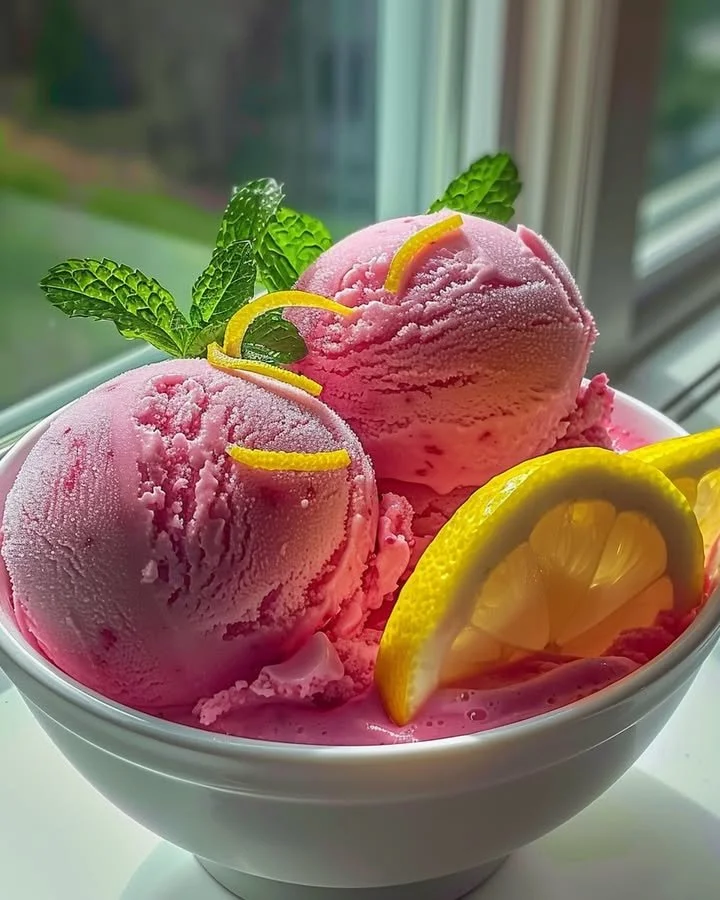 A bowl of pink lemonade sorbet garnished with fresh lemon slices and mint leaves.
