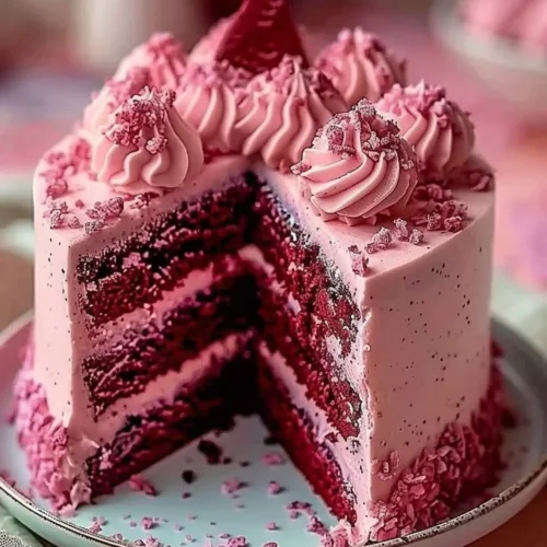 Slice of Pink Velvet Dream Cake with cream cheese frosting on a plate