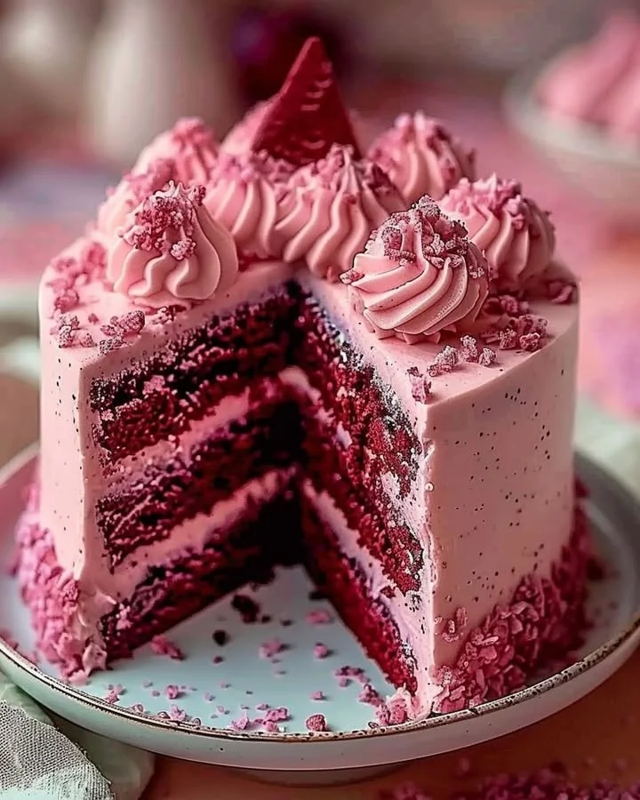 Slice of Pink Velvet Dream Cake with cream cheese frosting on a plate