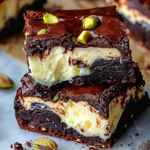 Pistachio Cheesecake Brownies topped with crushed pistachios and chocolate drizzle