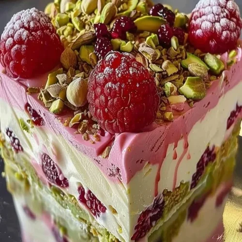 Pistachio Raspberry Cheesecake topped with fresh raspberries and crushed pistachios.