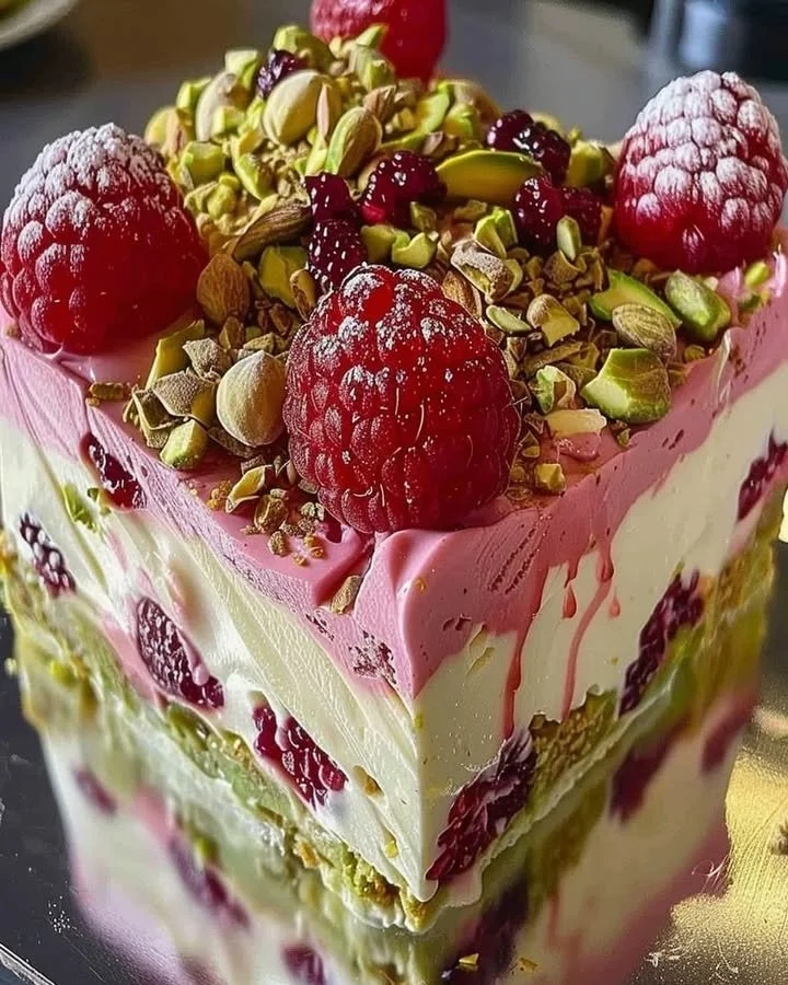 Pistachio Raspberry Cheesecake topped with fresh raspberries and crushed pistachios.