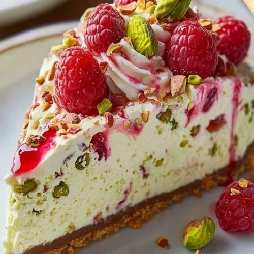 Slice of Pistachio Raspberry Cheesecake topped with raspberries and pistachios