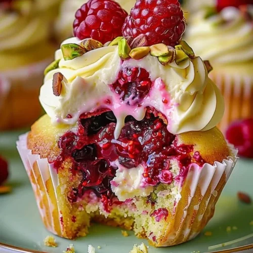 Pistachio Raspberry Cheesecake Cupcakes on a white plate