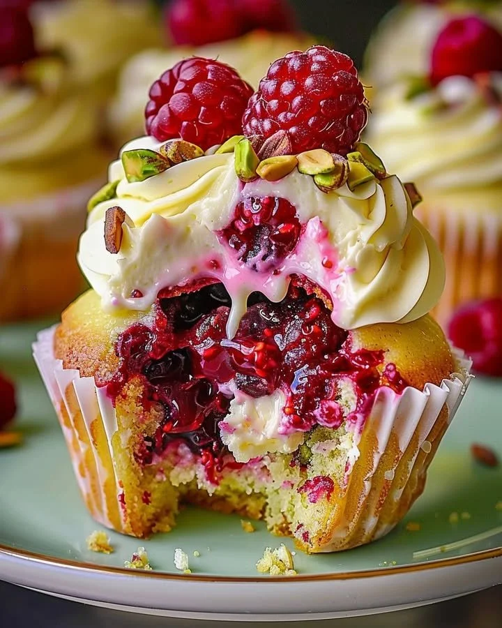 Pistachio Raspberry Cheesecake Cupcakes on a white plate