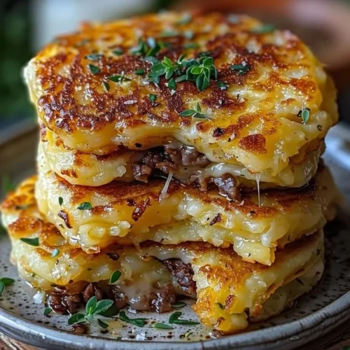 Delicious potato pancakes topped with savory beef and melted cheese