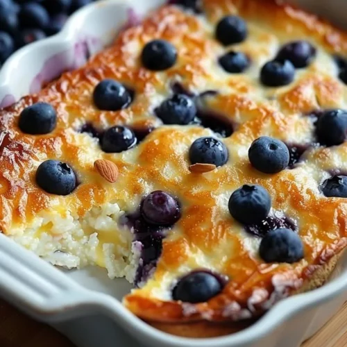 Delicious protein-packed blueberry cottage cheese bake fresh out of the oven.