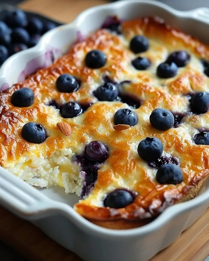 Delicious protein-packed blueberry cottage cheese bake fresh out of the oven.