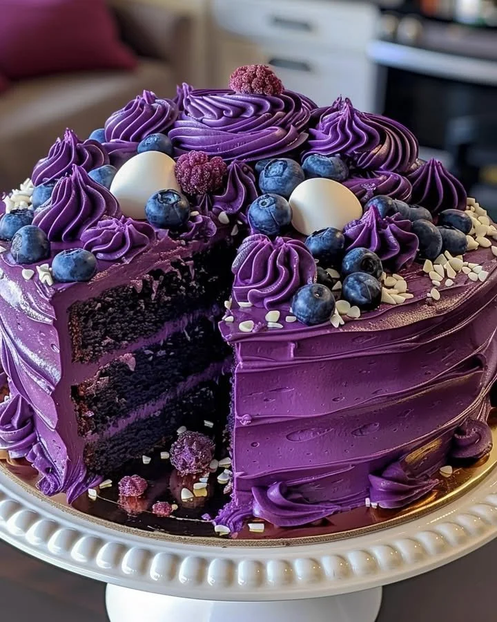 Slice of Purple Velvet Cake with Cream Cheese Frosting on a plate