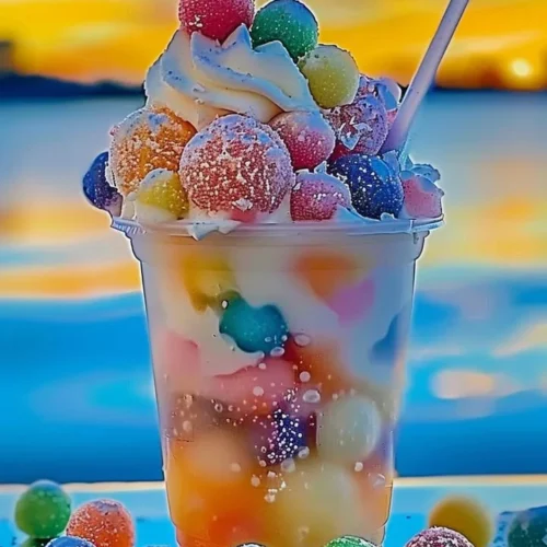 A vibrant bowl of Rainbow Sherbet Float with colorful layers and whipped cream