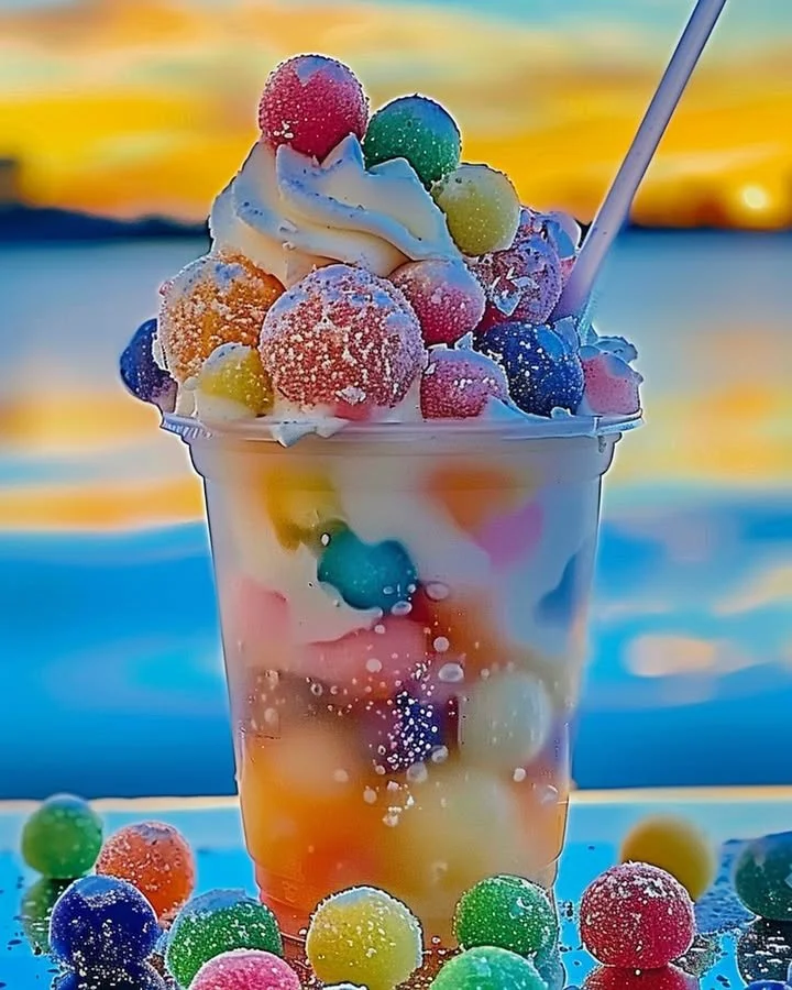 A vibrant bowl of Rainbow Sherbet Float with colorful layers and whipped cream