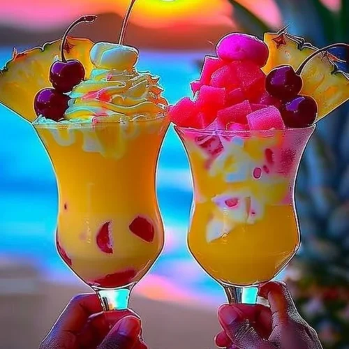 Colorful Rainbow Sherbet Piña Colada in a glass with tropical garnishes