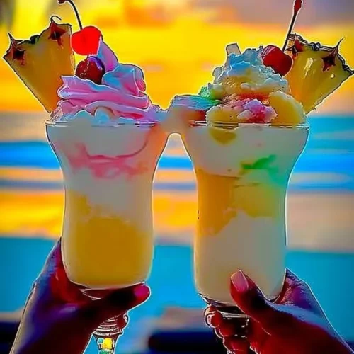 Colorful Rainbow Sherbet Piña Colada in a glass, garnished with tropical fruits.