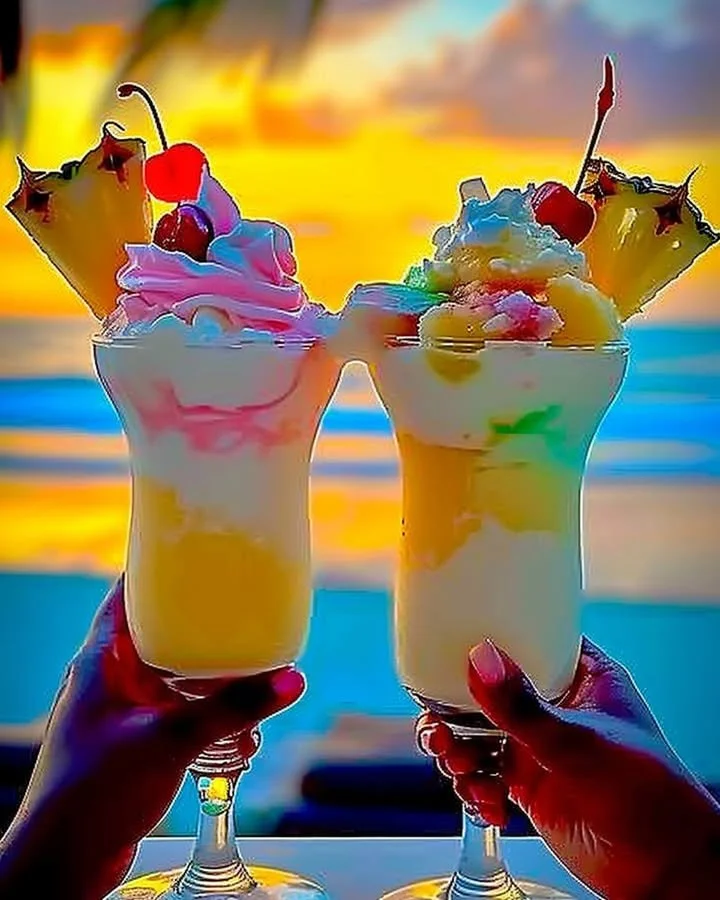 Colorful Rainbow Sherbet Piña Colada in a glass, garnished with tropical fruits.