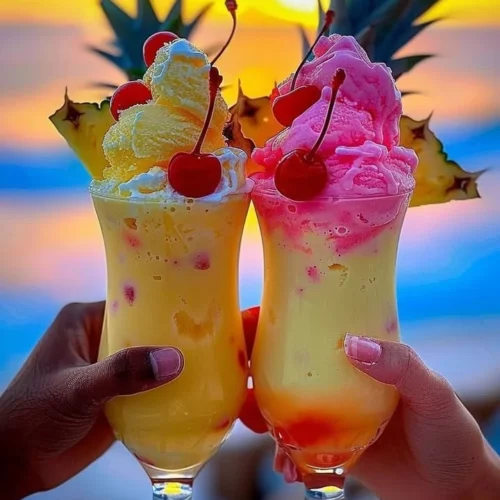 Colorful Rainbow Sherbet Piña Colada cocktail in a tropical setting