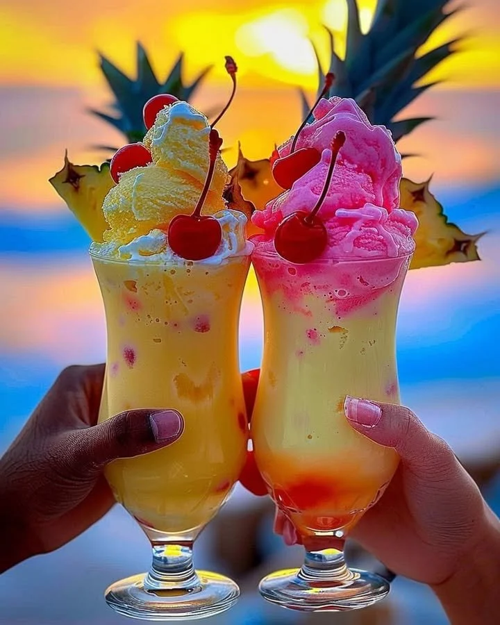 Colorful Rainbow Sherbet Piña Colada cocktail in a tropical setting