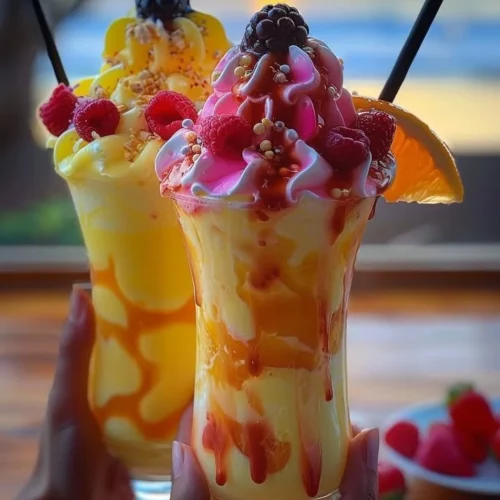 Colorful Rainbow Sherbet Piña Colada served in a festive glass