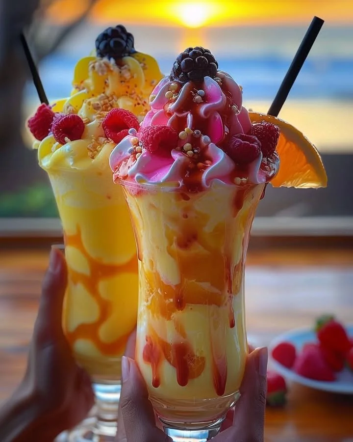 Colorful Rainbow Sherbet Piña Colada served in a festive glass
