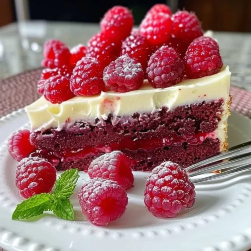 Delicious and moist raspberry cake topped with fresh raspberries
