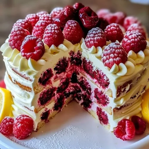 Slice of Raspberry Cake topped with Lemon Buttercream on a decorative plate