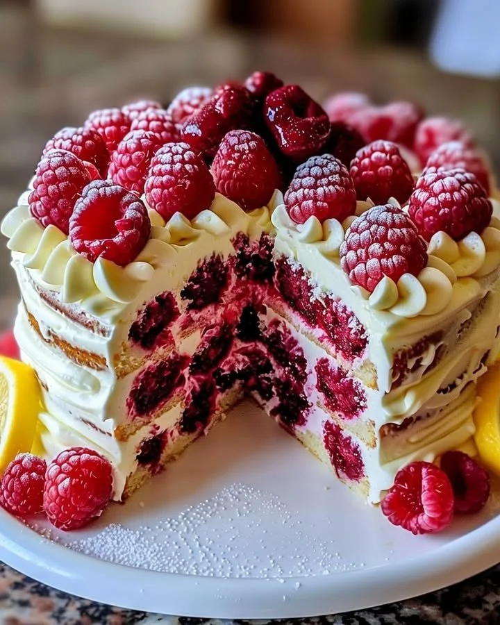 Slice of Raspberry Cake topped with Lemon Buttercream on a decorative plate