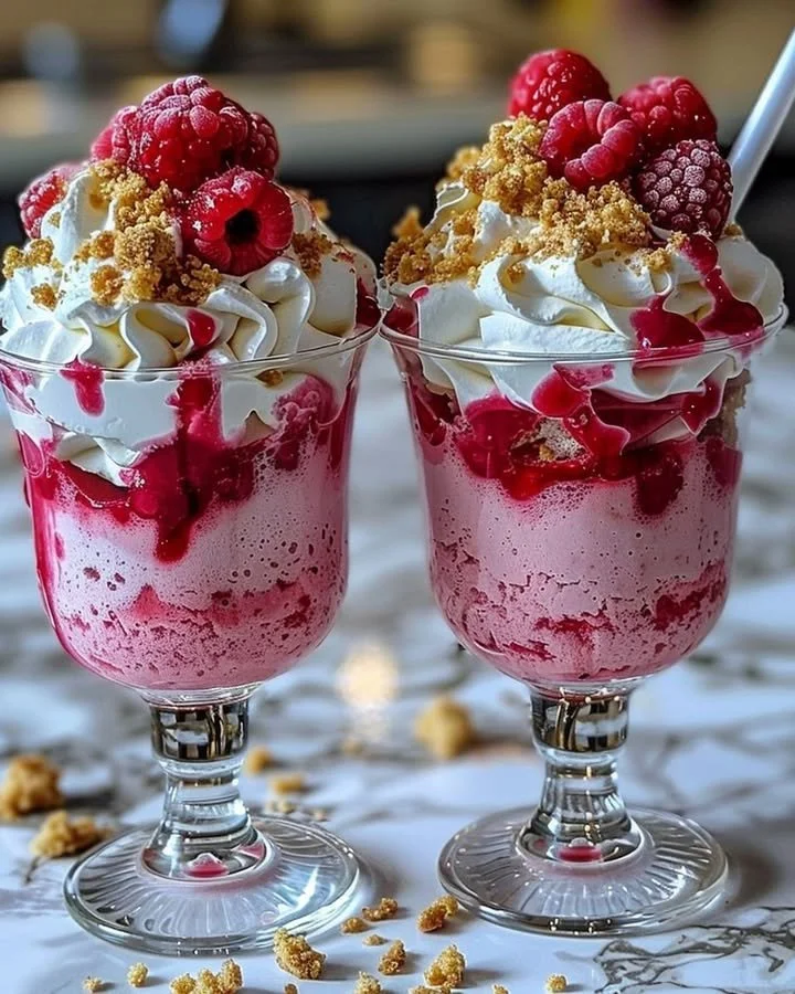 Raspberry Cheesecake Freakshake topped with whipped cream and fresh raspberries.