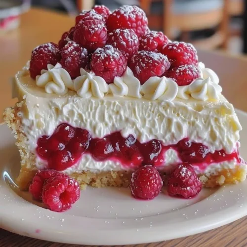 Delicious raspberry cheesecake pie topped with fresh raspberries and whipped cream.