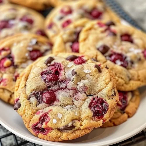 Freshly baked raspberry chocolate chip cookies with melted chocolate and berries