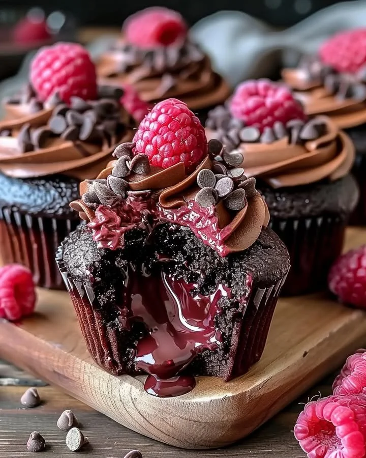 Delicious Raspberry Chocolate Lava Cupcakes with gooey chocolate center and raspberries.